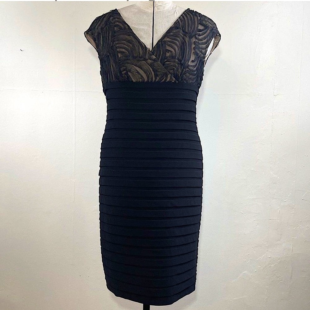 SIZE 14 Adrianna Papell High Waist Dress + Illusion Lace Crossover Bodice